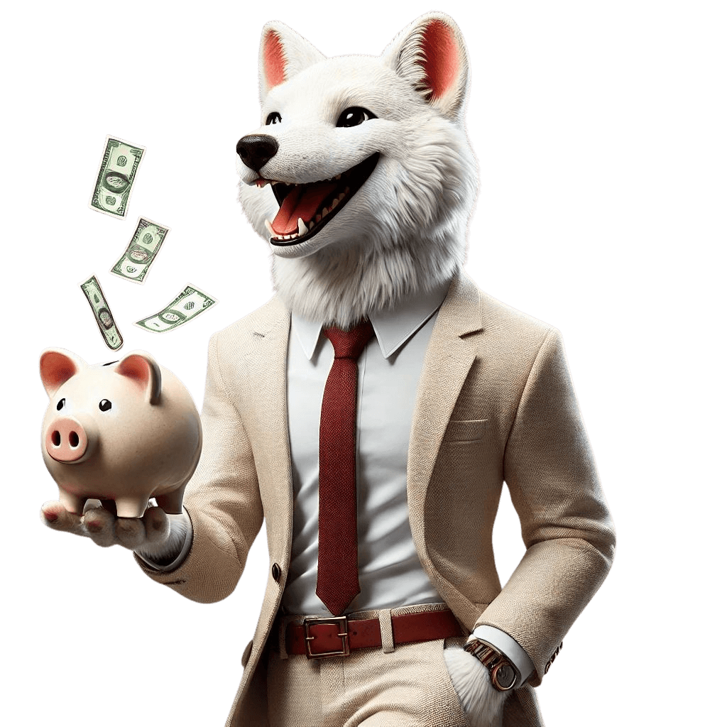 Fuchs im Business-Anzug hält ein Sparschwein – Symbol für Immobilien verkaufen ohne Makler in München und Kosten sparen.
