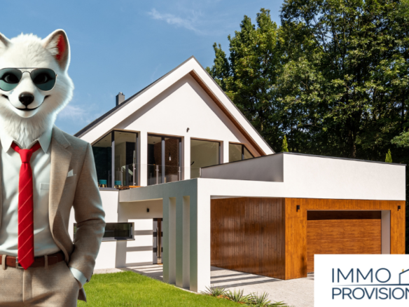 Modernes Einfamilienhaus mit klarer Architektur, daneben ein stilvoller Fuchs im Anzug mit Krawatte als Symbol für einen cleveren Hausverkauf ohne Makler im Jahr 2026.