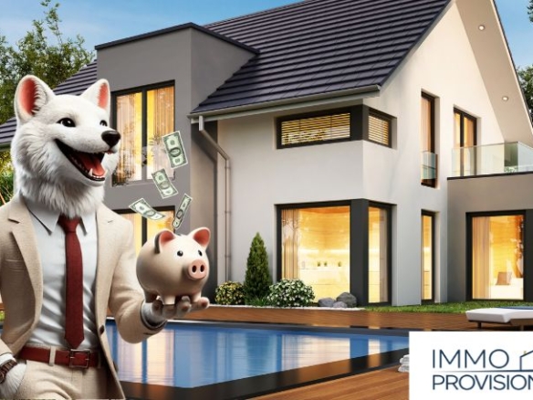 Illustration eines modernen Einfamilienhauses mit Pool. Ein Fuchs im Anzug hält ein Sparschwein, aus dem Geldscheine fliegen – Symbol für Immobilien verkaufen ohne Makler und maximale Ersparnis bei Immo-Provisionsfrei.