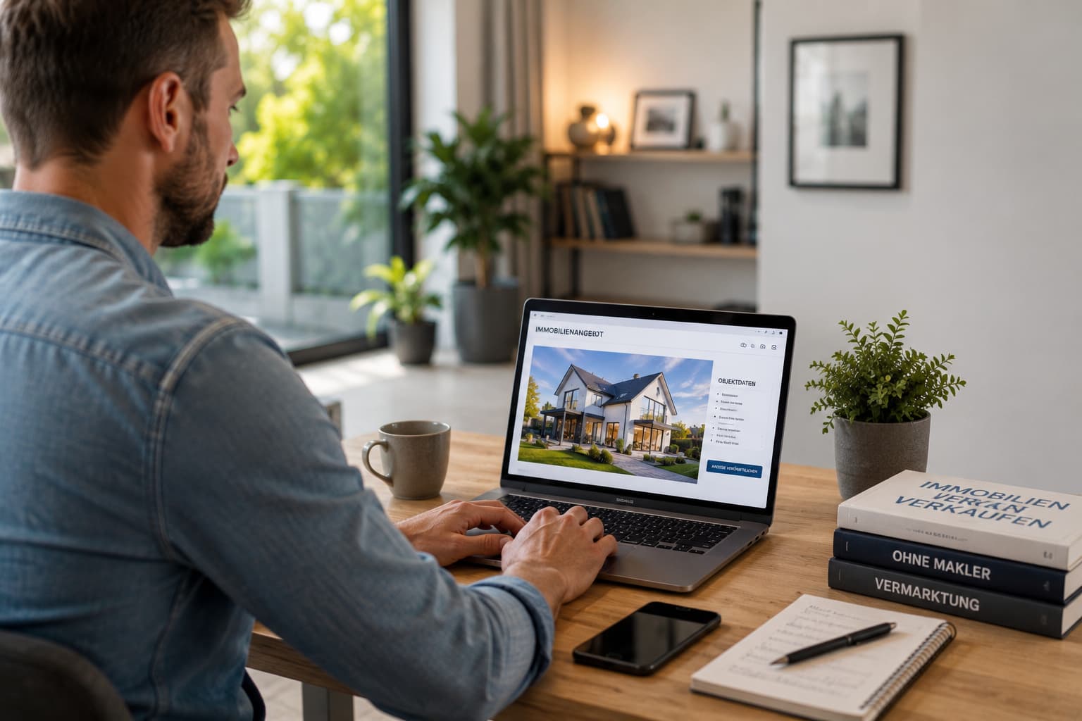 Eigentümer erstellt 2026 ein Immobilieninserat ohne Makler am Laptop in modernem Homeoffice.