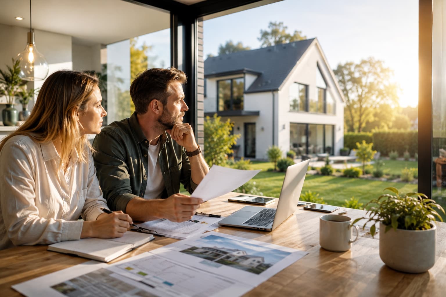 Modernes Paar plant den Immobilienverkauf 2026 am Laptop vor einem modernen Einfamilienhaus – Symbol für den besten Zeitpunkt zum Hausverkauf ohne Makler.