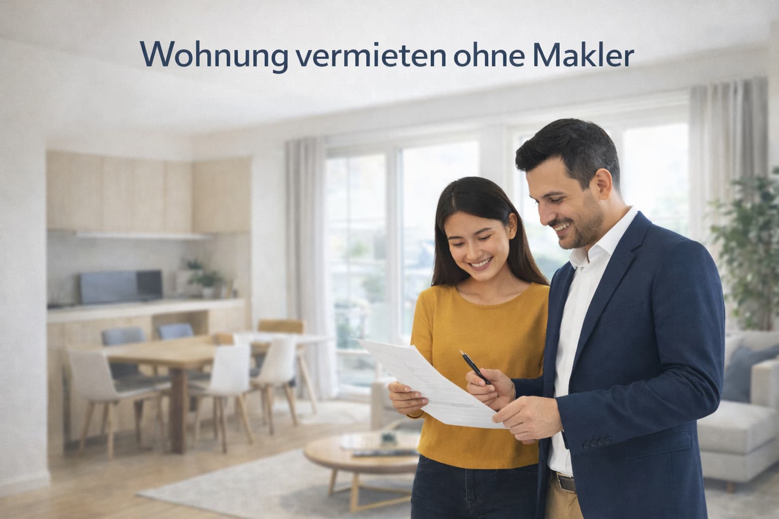 Wohnung vermieten ohne Makler – Paar prüft Unterlagen zur privaten Vermietung in einer modernen Wohnung.