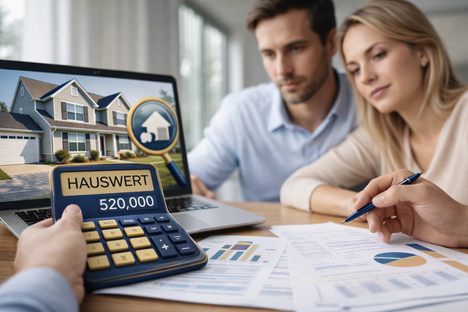 Hauswert berechnen mit Online-Analyse – Eigentümer prüfen den Immobilienwert ihres Hauses mithilfe von Laptop, Marktanalyse und Immobilienbewertung.