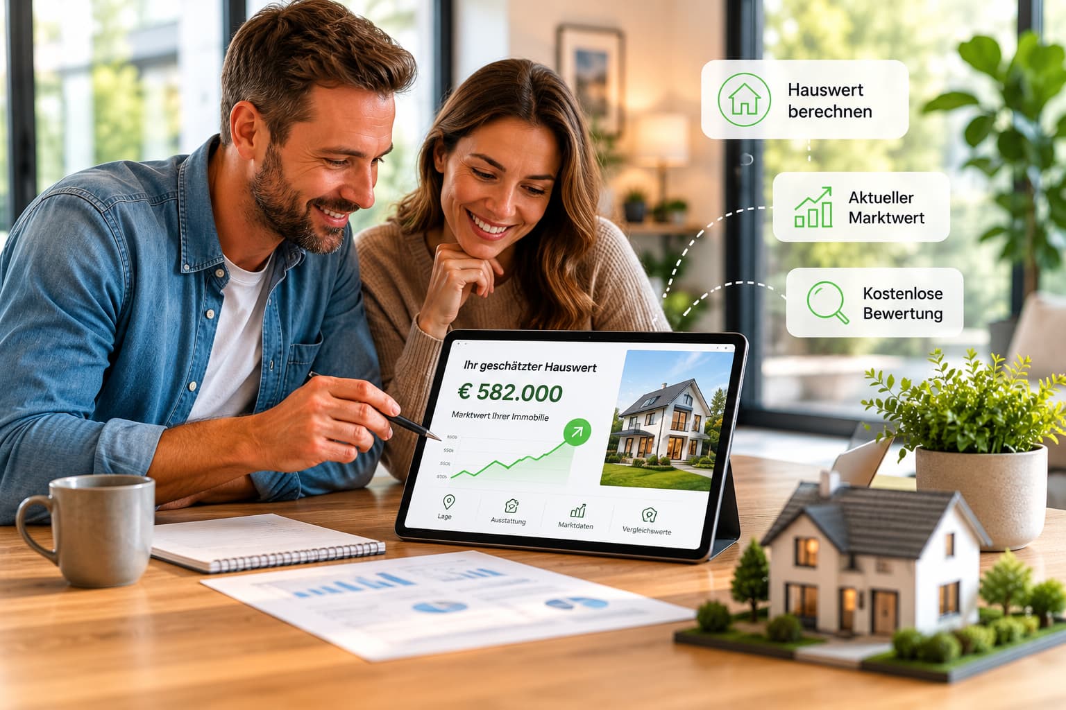Hauswert berechnen leicht gemacht – digitale Immobilienbewertung zeigt Eigentümern, wie sie den Immobilienwert ihrer Immobilie online analysieren und den realistischen Marktpreis bestimmen können.