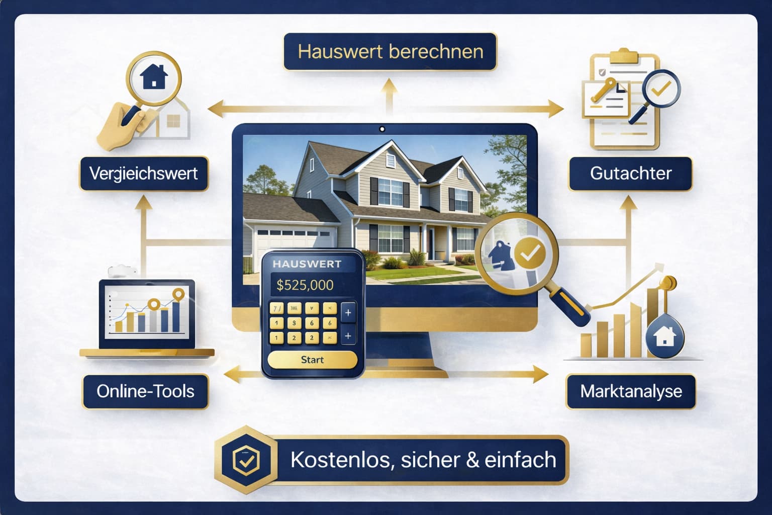 Hauswert berechnen mit digitalen Tools – Infografik zeigt verschiedene Methoden der Immobilienbewertung wie Vergleichswert, Marktanalyse und Online-Immobilienwertrechner.