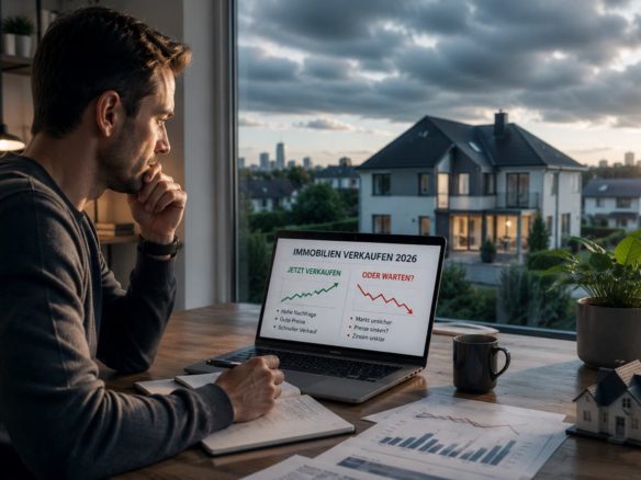 Eigentümer analysiert 2026 den Immobilienmarkt und überlegt, ob er seine Immobilie jetzt verkaufen oder warten soll.