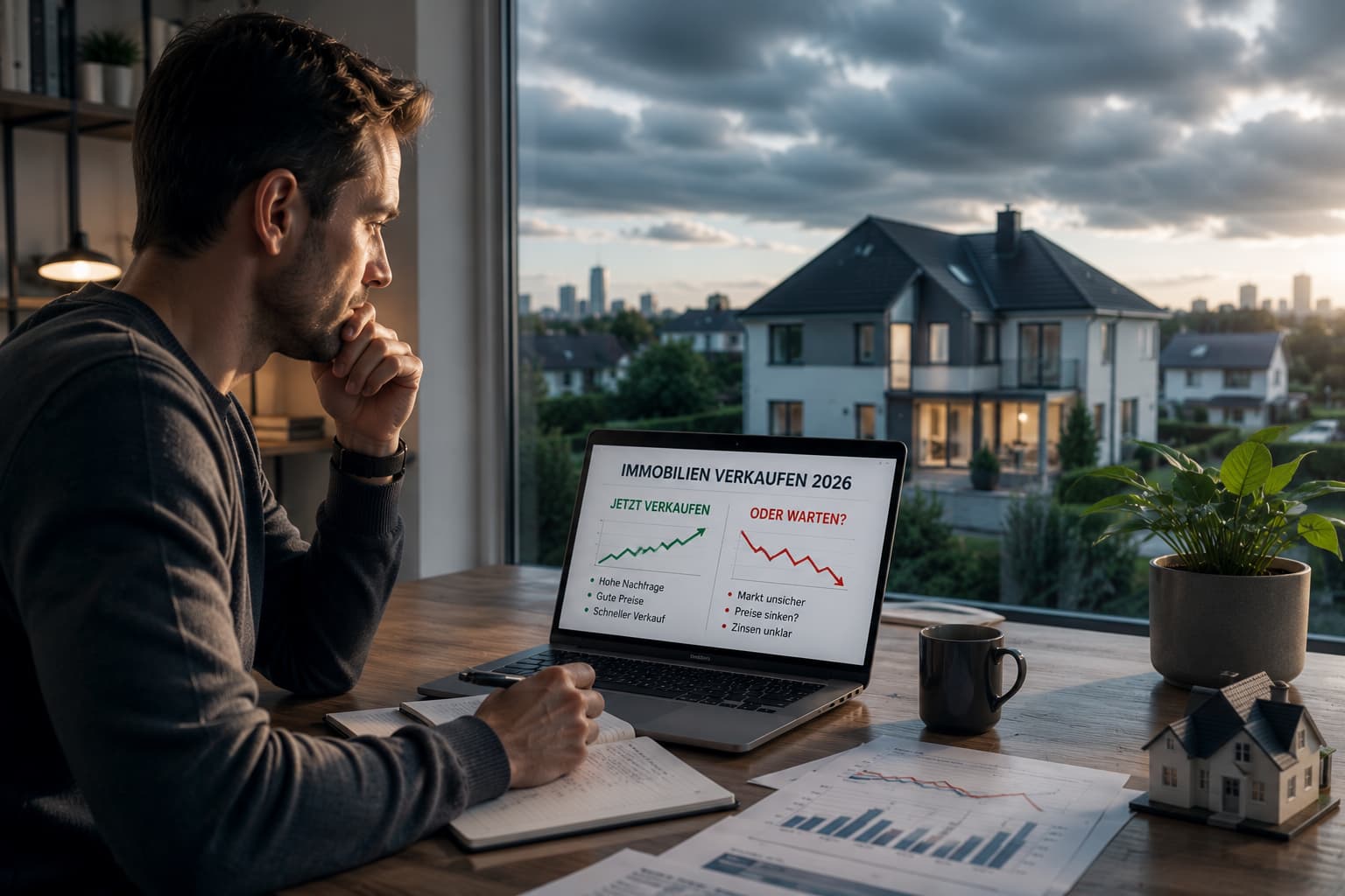 Eigentümer analysiert 2026 den Immobilienmarkt und überlegt, ob er seine Immobilie jetzt verkaufen oder warten soll.