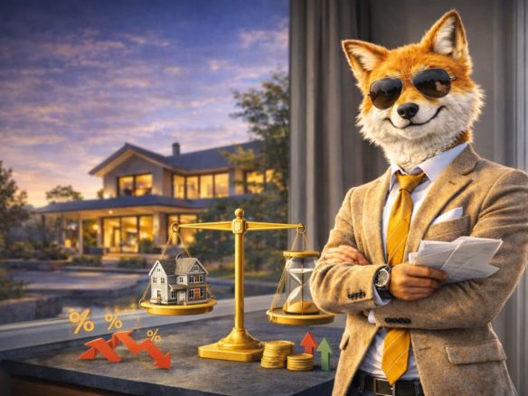 Immobilien verkaufen in der Krise 2026 – moderner digitaler Makler als Fuchs symbolisiert smarte Verkaufsstrategie im Immobilienmarkt