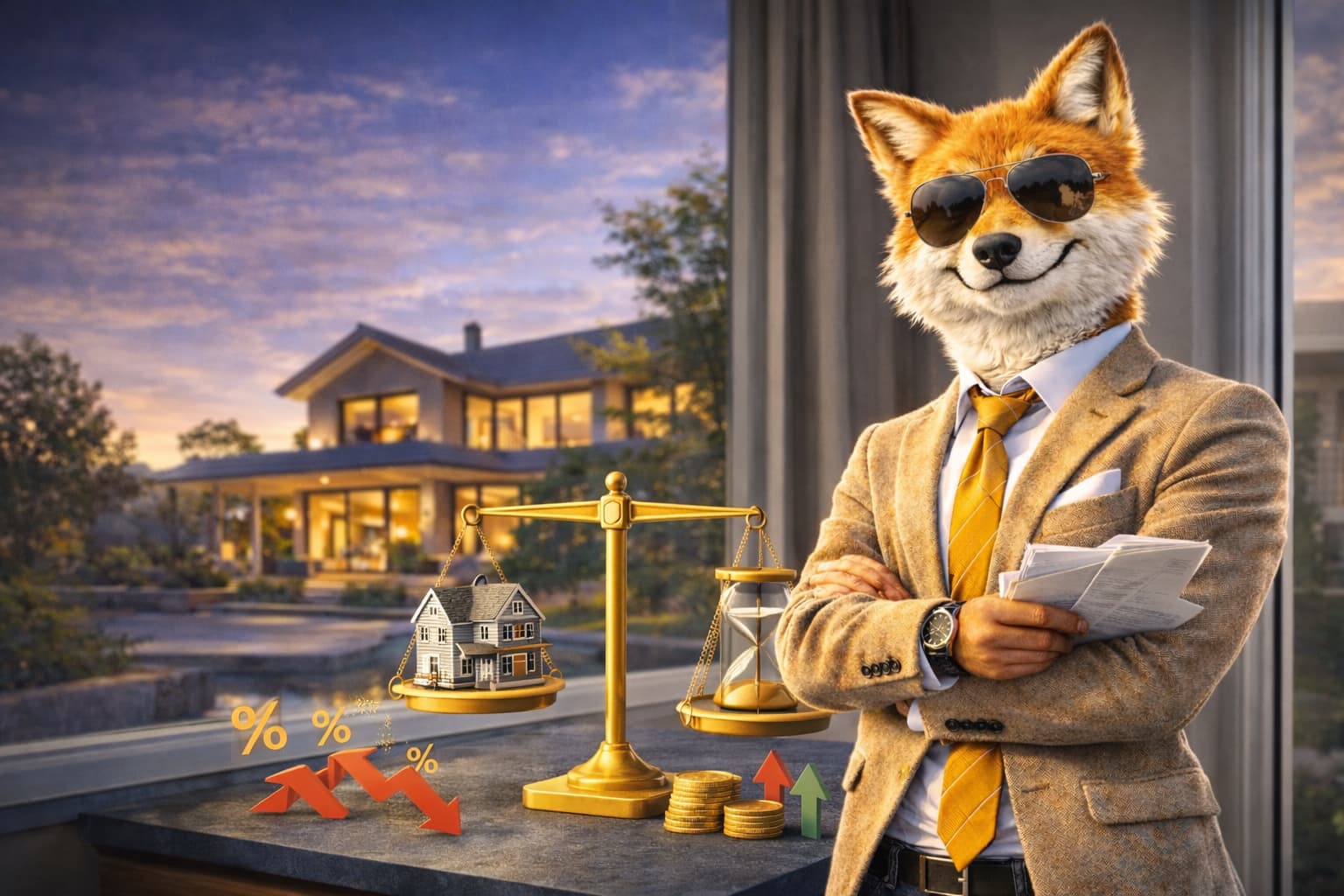 Immobilien verkaufen in der Krise 2026 – moderner digitaler Makler als Fuchs symbolisiert smarte Verkaufsstrategie im Immobilienmarkt