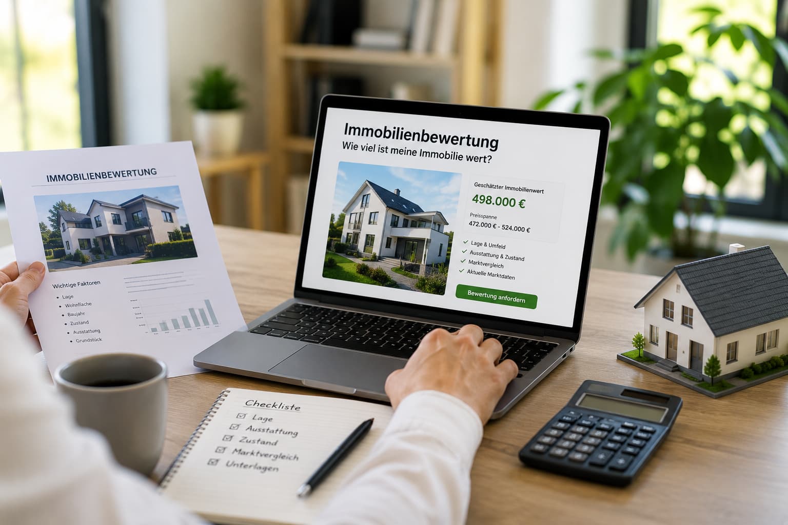Eigentümer analysiert online den Immobilienwert eines Hauses am Laptop und nutzt digitale Tools zur Immobilienbewertung.