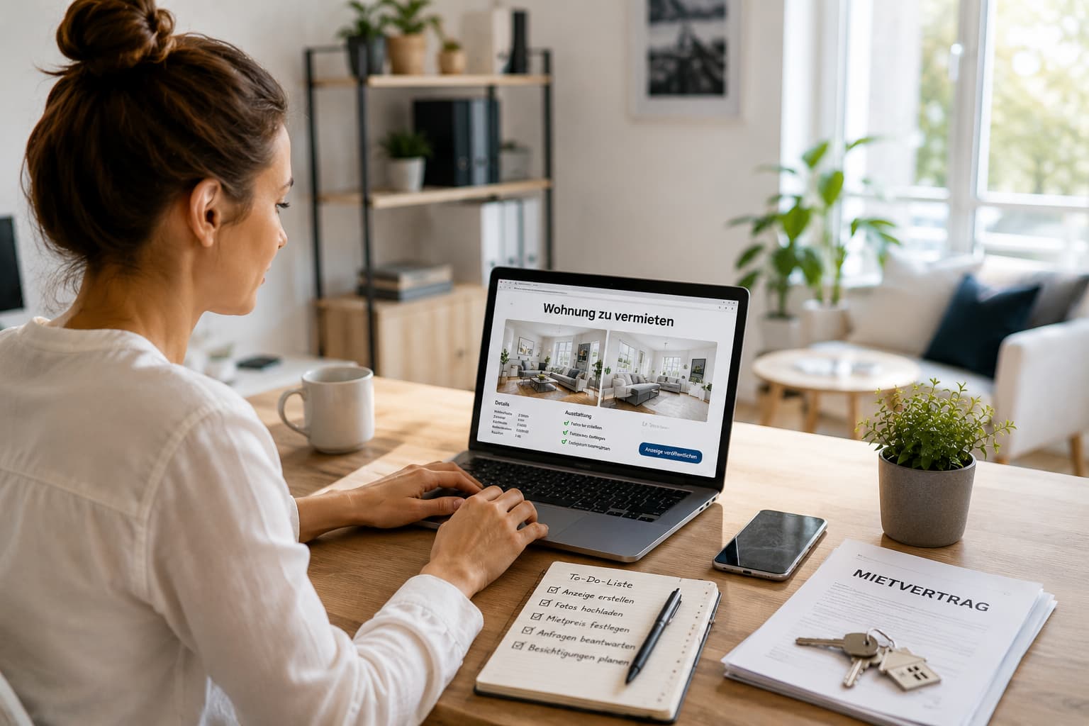 Junge Vermieterin erstellt online eine Wohnungsanzeige am Laptop und organisiert die provisionsfreie Vermietung ihrer Immobilie ohne Makler.