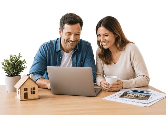 Immobilien verkaufen oder vermieten ohne Provision Paar nutzt Laptop ohne Makler