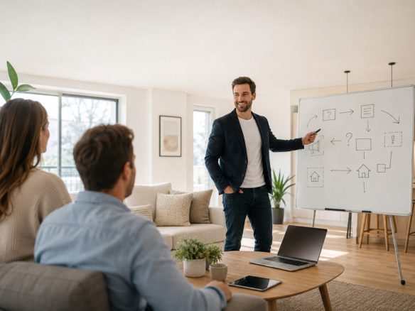 Immobilienmakler erklärt Eigentümern die Vermarktungsschritte, um eine Immobilie ohne Makler professionell und online zu verkaufen