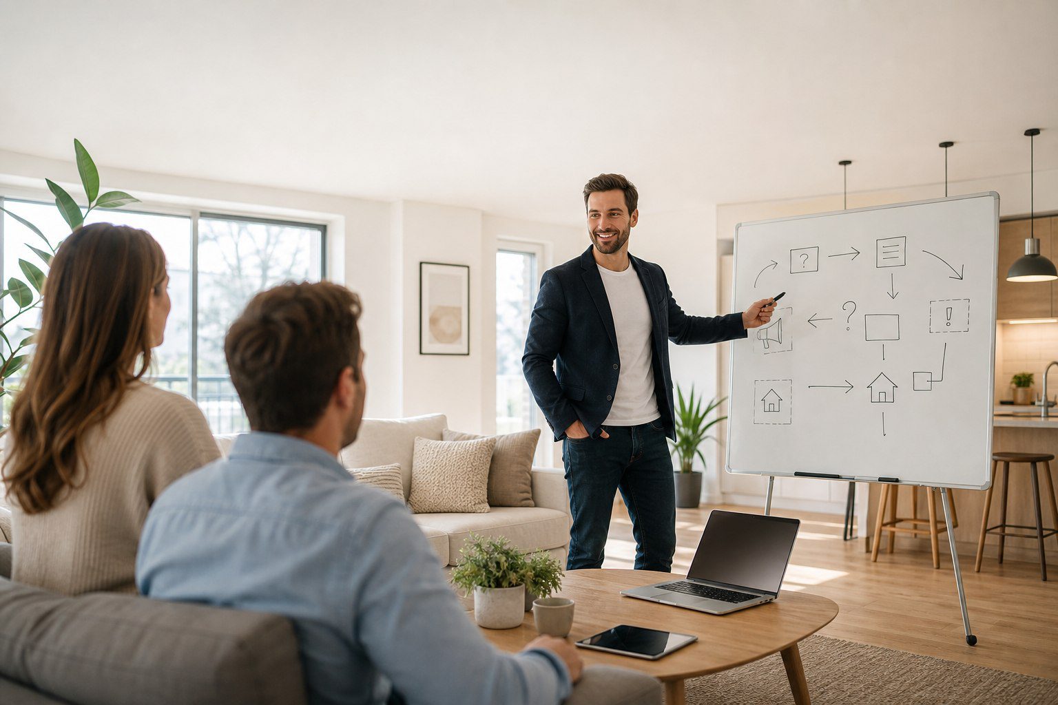 Immobilienmakler erklärt Eigentümern die Vermarktungsschritte, um eine Immobilie ohne Makler professionell und online zu verkaufen