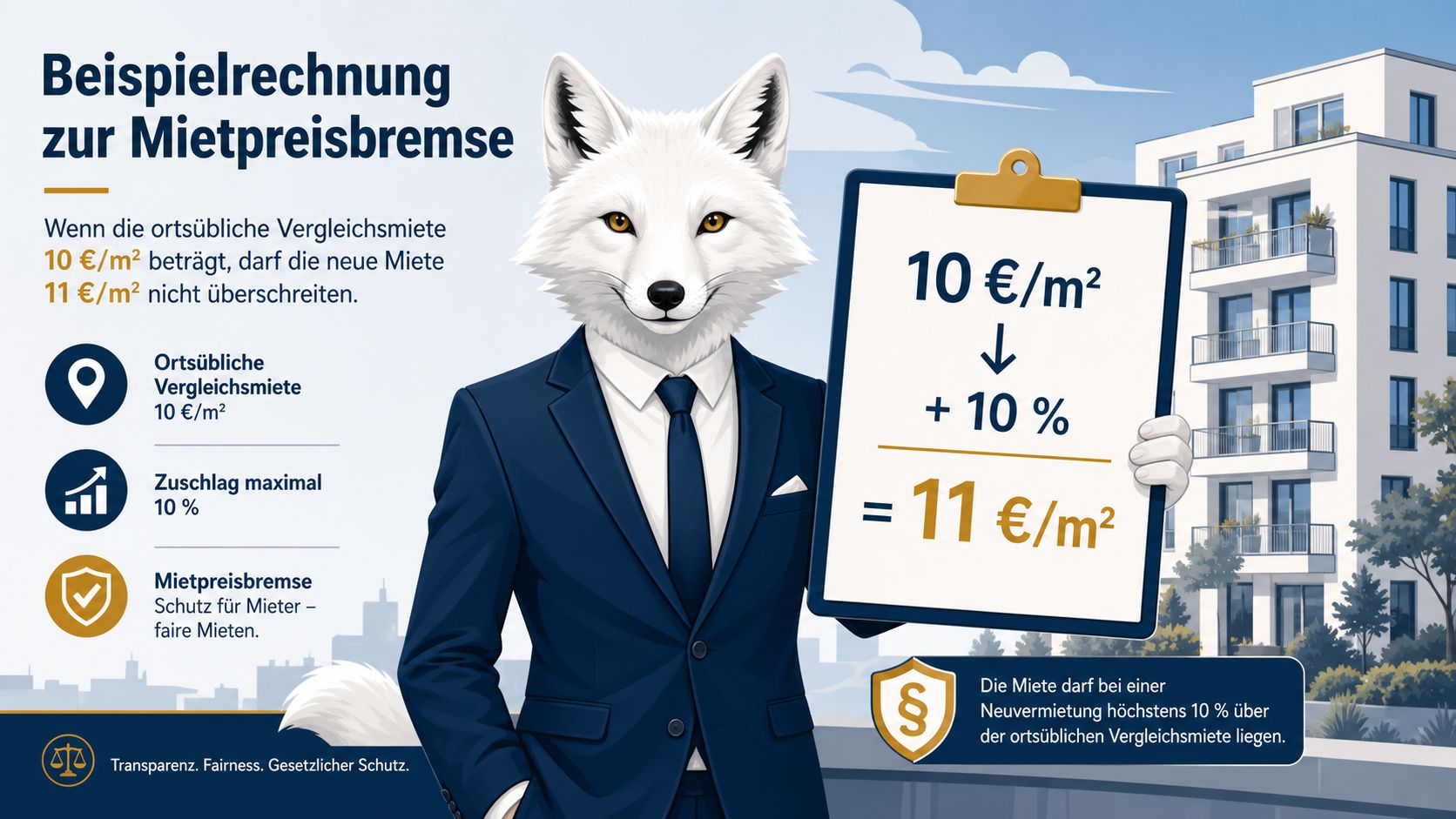 Mietpreisbremse: Beispielrechnung mit 10 €/m² und 11 €/m² anschaulich erklärt