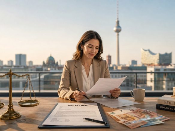 Mietpreisbremse Berlin: Mietvertrag, Geldscheine und Rechtswaage vor Berliner Skyline