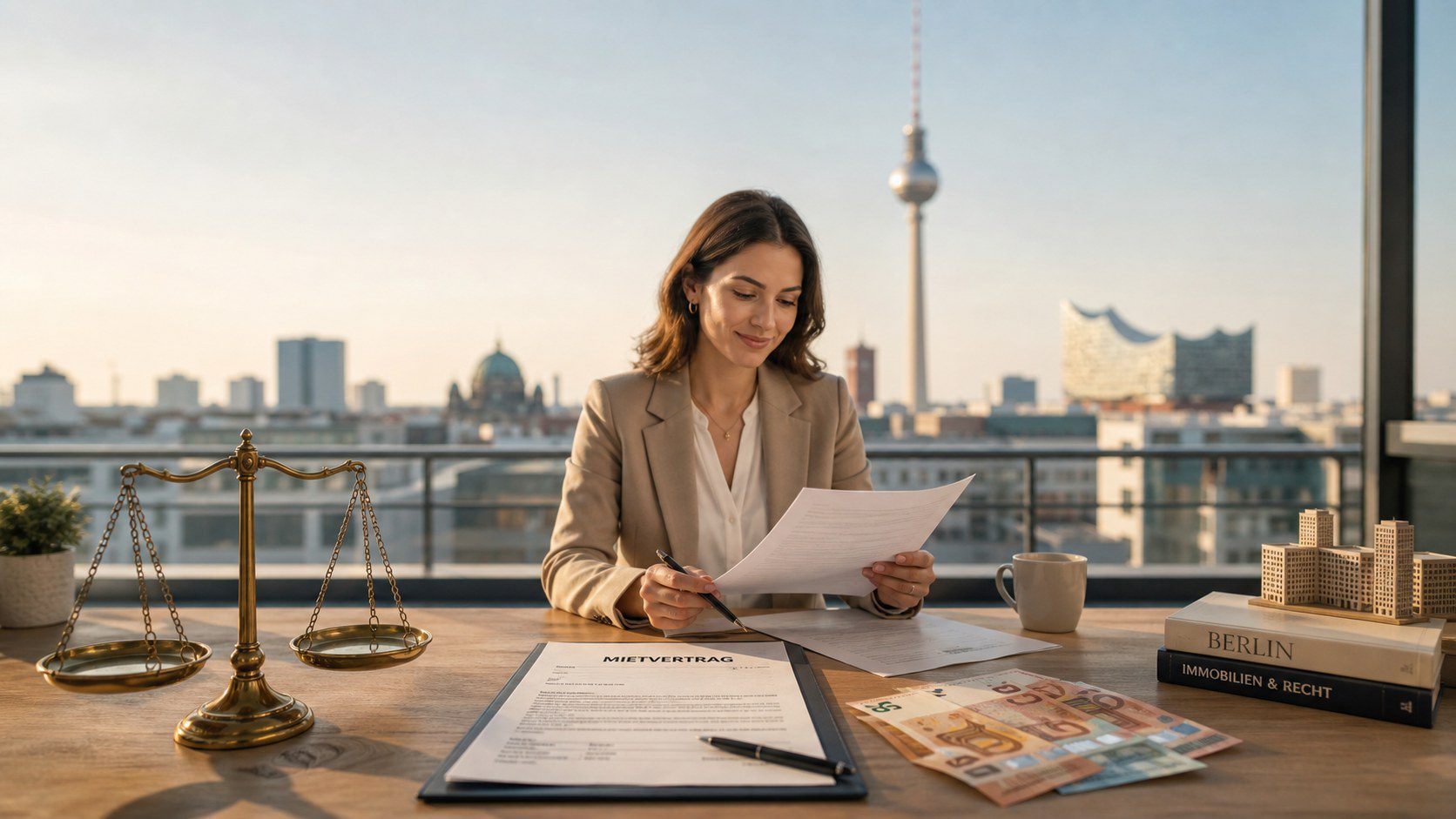Mietpreisbremse Berlin: Mietvertrag, Geldscheine und Rechtswaage vor Berliner Skyline