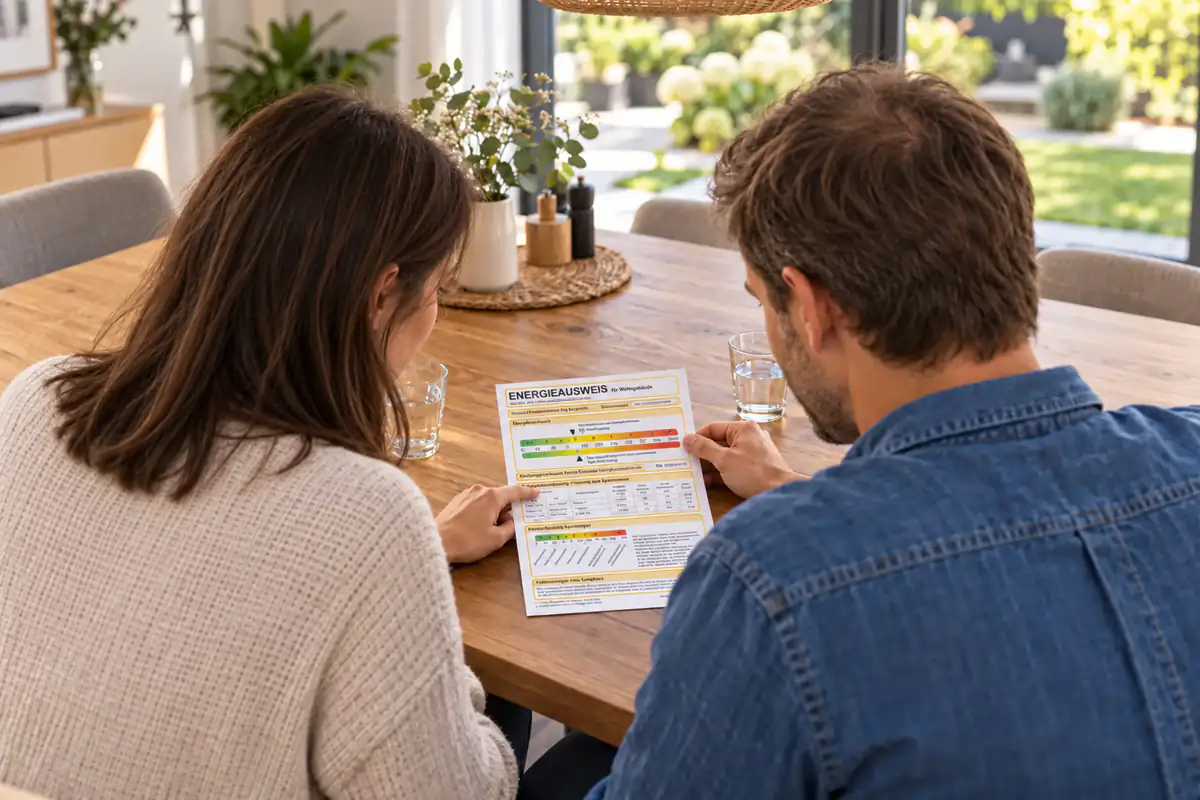 Energieausweis beim Hausverkauf: Paar prüft den Energieausweis mit Farbskala am Tisch.