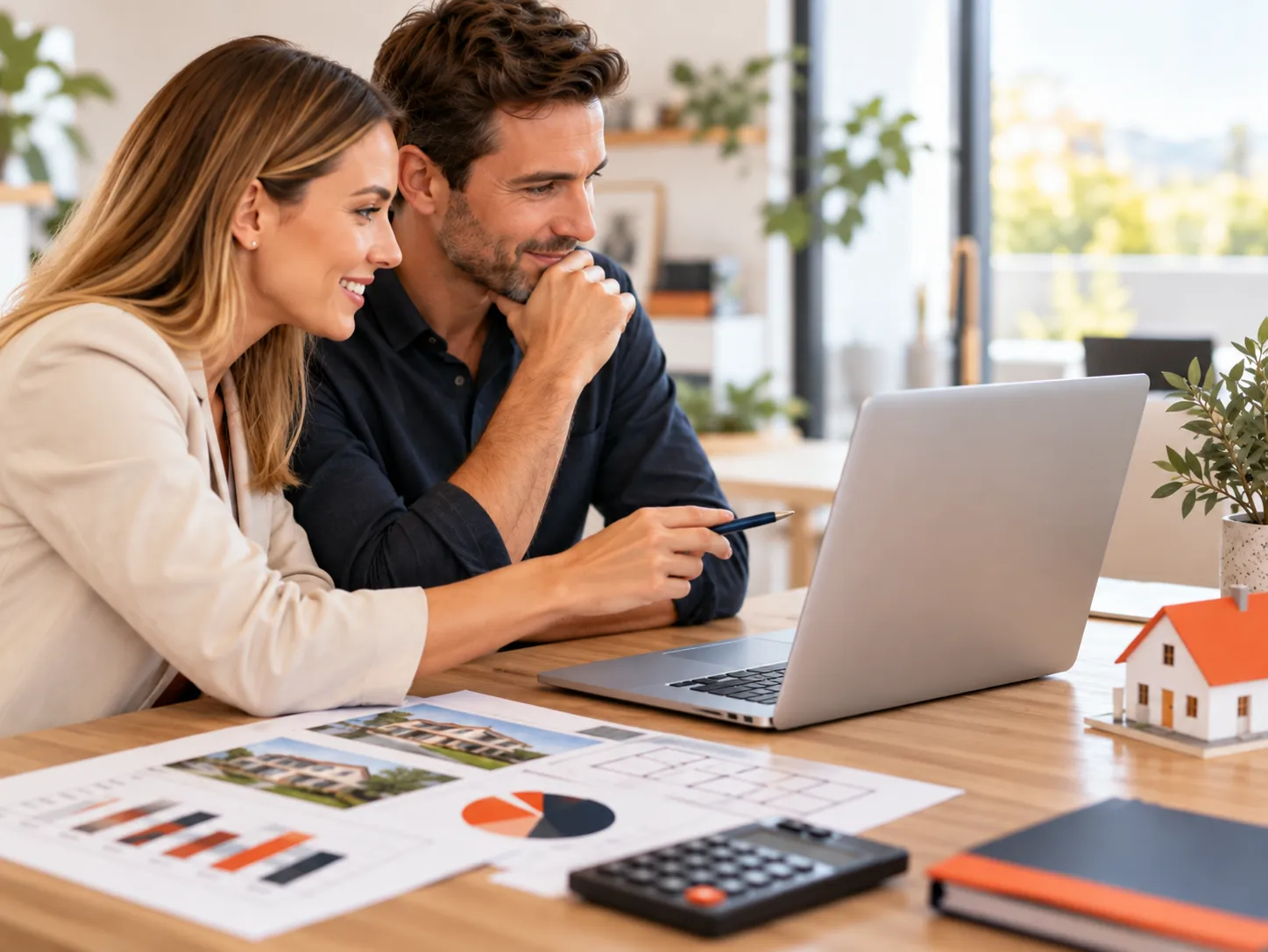Paar vergleicht am Laptop die Kosten von Immobilienportalen für ein provisionsfreies Inserat