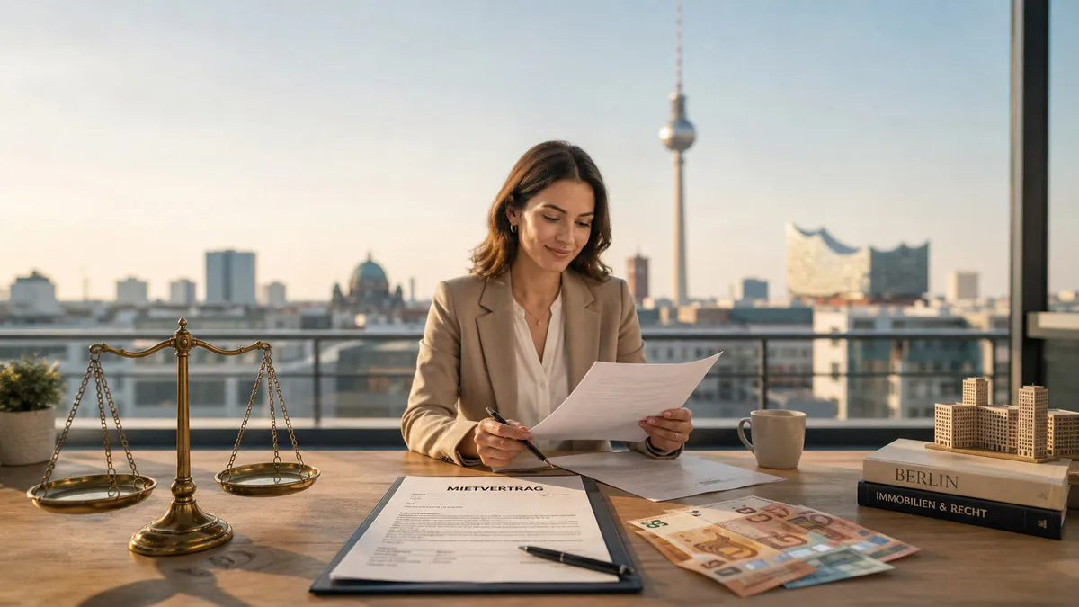 Mietpreisbremse Berlin: Mietvertrag, Geldscheine und Rechtswaage vor Berliner Skyline